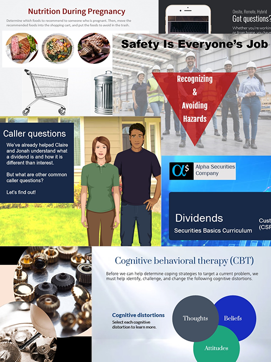 Screen grabs of a variety of eLearning slides I created with Articulate and combined into one image using Photoshop