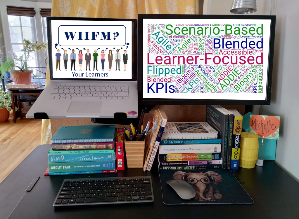 Photo of my workstation showing two monitors filled with adult learning concepts shown graphically, which I created using Photoshop.